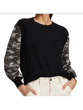 MONROW Black Cotton Cashmere Pullover Sweater Gray Camo Sleeves Size L